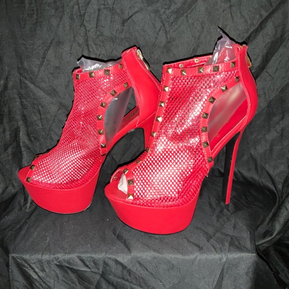 Bold Red Studded Mesh Platform Heels - image 4